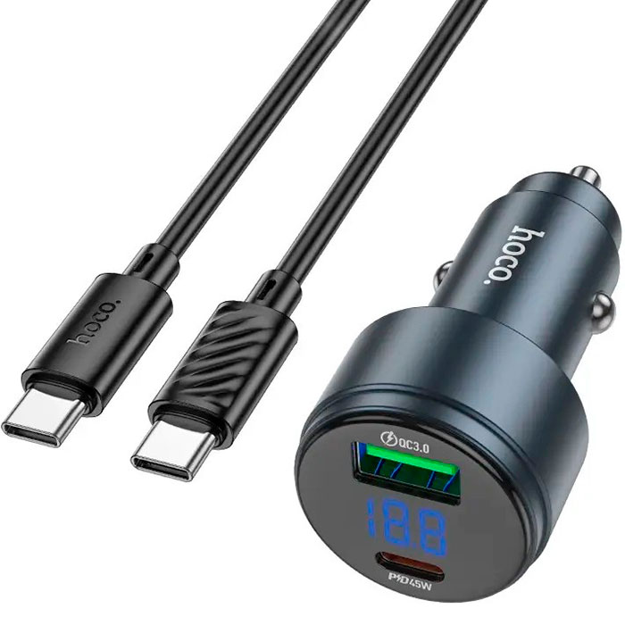 Автомобільний зарядний пристрій HOCO Z57B Glorious 1xUSB-A, 1xUSB-C, PD45W, QC3.0 Metal Gray w/Type-C to Type-C cable (6942007633185)