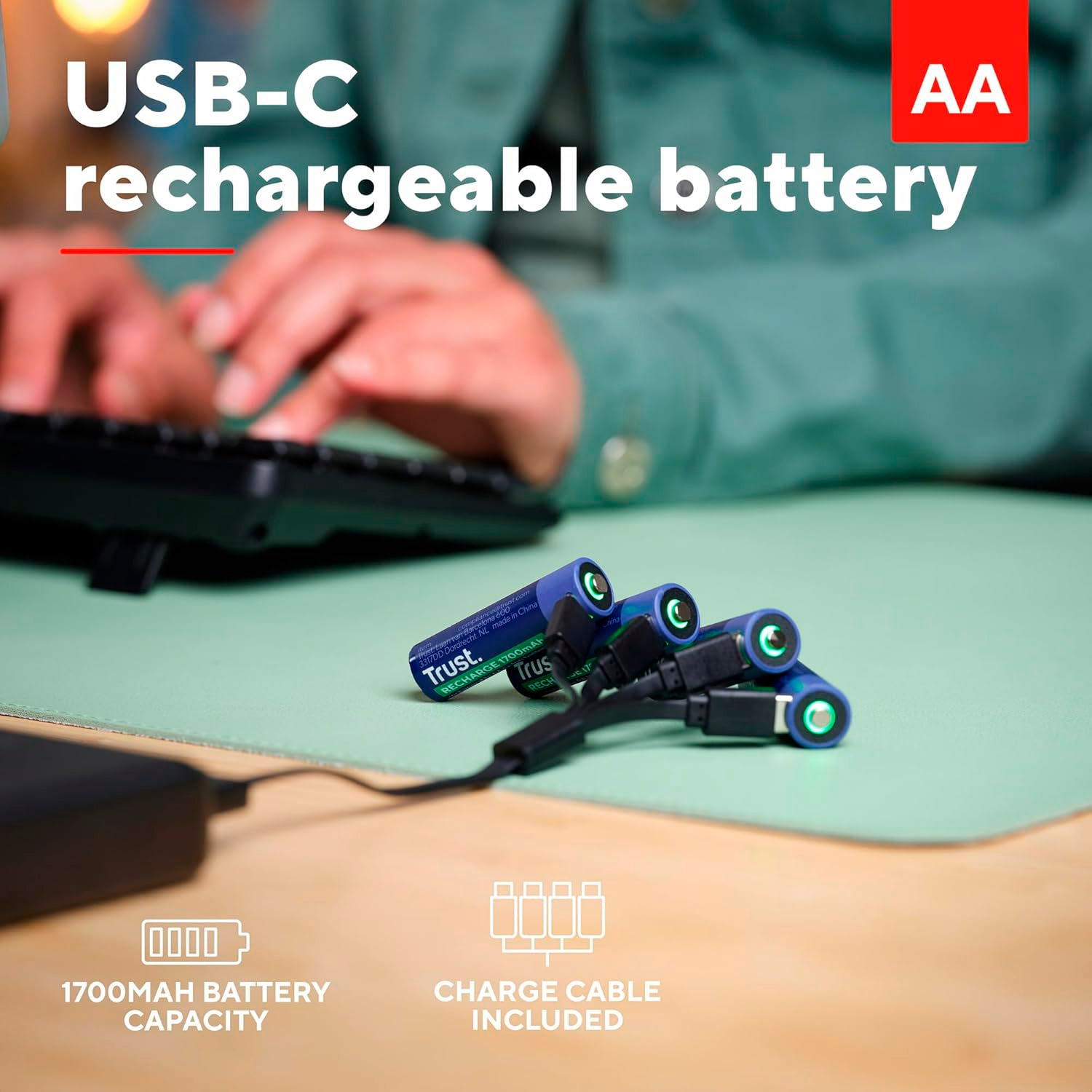 Акумулятор TRUST AA 1700mAh 3.7V, USB-C заряджання 4шт/уп
