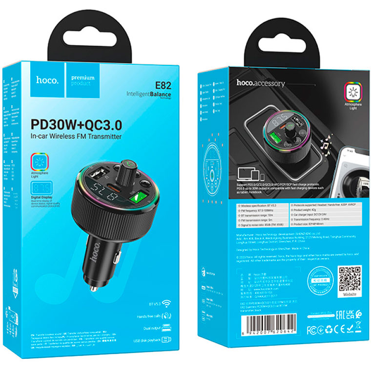 FM-трансмітер HOCO E82 Guerrero PD30W+QC3.0 Car Charger with FM Transmitter Black