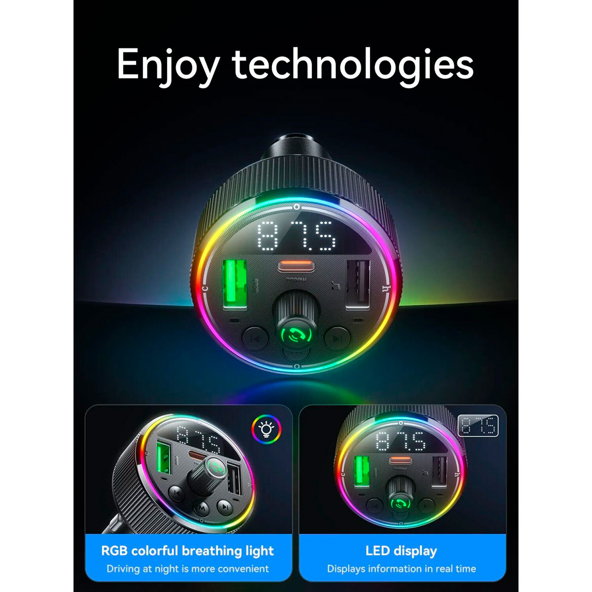 FM-трансмітер HOCO E82 Guerrero PD30W+QC3.0 Car Charger with FM Transmitter Black
