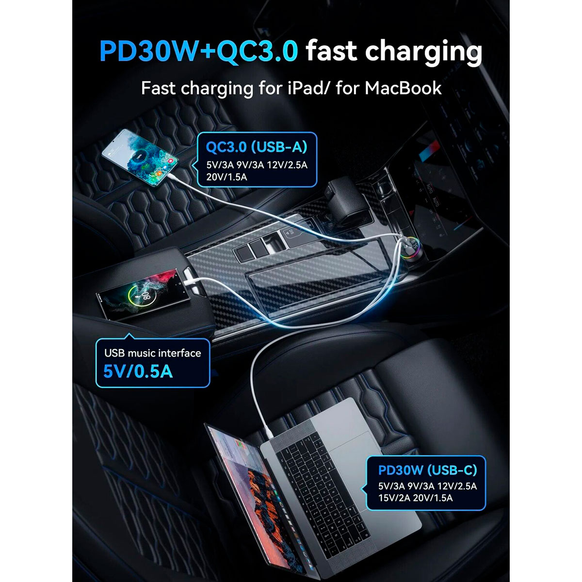 FM-трансмітер HOCO E82 Guerrero PD30W+QC3.0 Car Charger with FM Transmitter Black