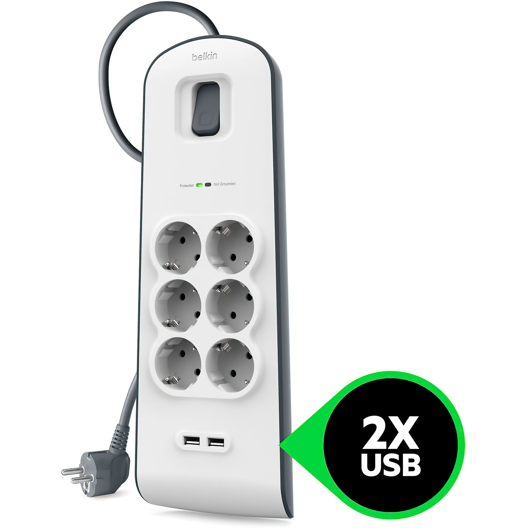 Мережевий фільтр BELKIN Surge Protector White, 6 розеток, 2xUSB, 2м (BSV604VF2M-V2)