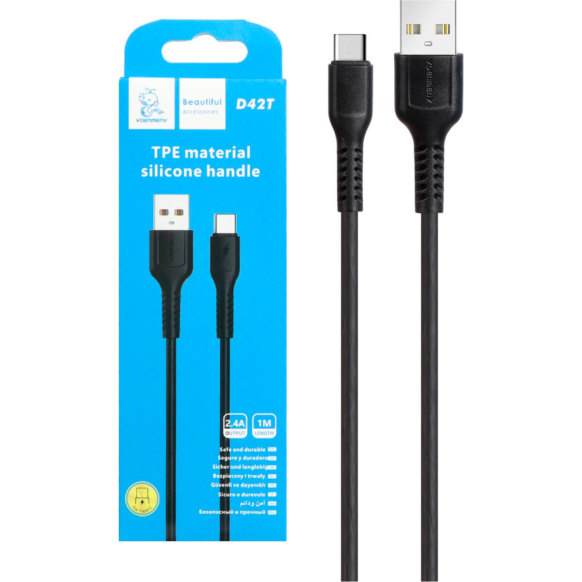 Кабель DENMEN D42T USB-A to Type-C 2.4A 1м Black