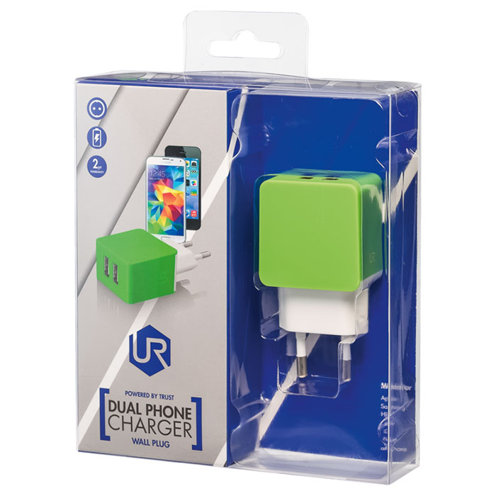 Зарядное устройство TRUST Urban 5W Wall Charger with 2 USB Ports Lime Green (20150~EOL)