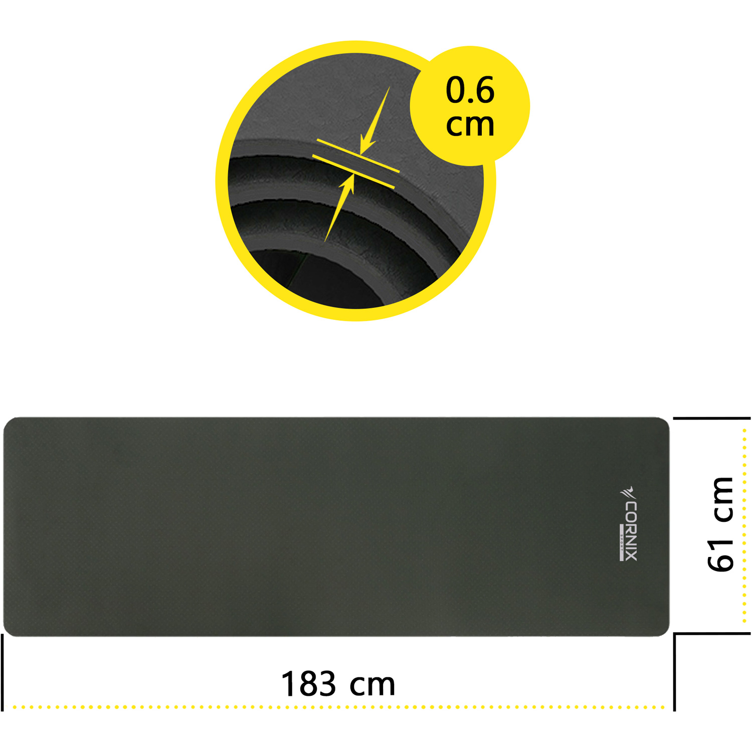 Килимок для фітнесу CORNIX TPE 183 x 61 x 0.6 см Black
