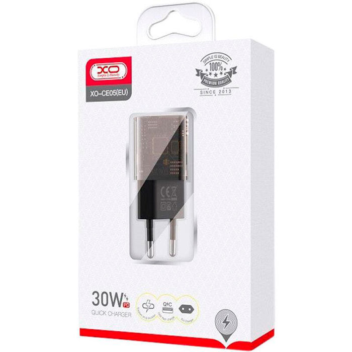 Зарядний пристрій XO CE05 1xUSB-C, 1xUSB-A, PD2.0, QC3.0, 30W Black (XO-CE05-BK)