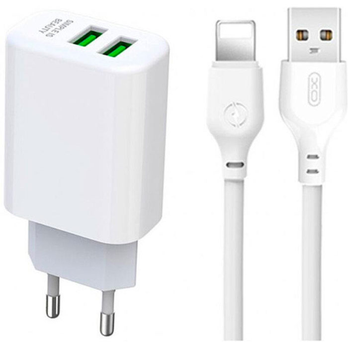 Зарядний пристрій XO L85C 2xUSB-A, 2.4A White w/Lightning cable (XO-L85C-L)