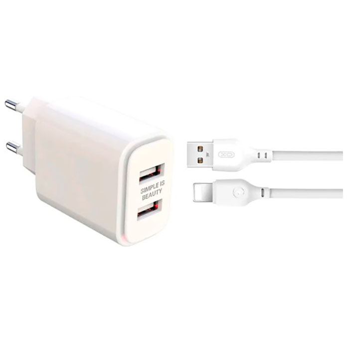 Зарядний пристрій XO L90C 2xUSB-A, 2.4A White w/Lightning cable (XO-L90C-L)