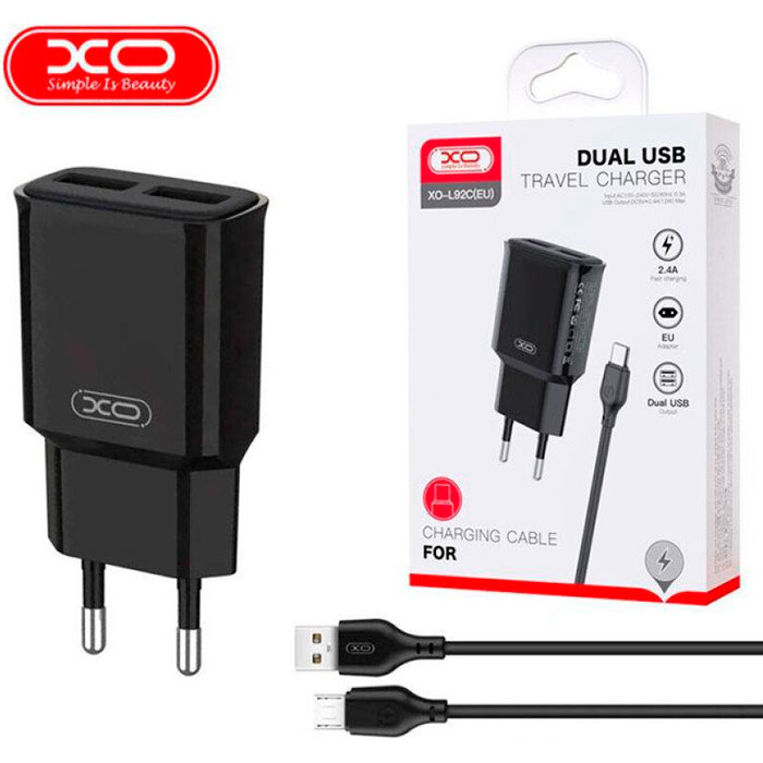 Зарядний пристрій XO L92C 2xUSB-A, 2.4A Black w/Micro-USB cable (XO-L92C-M)