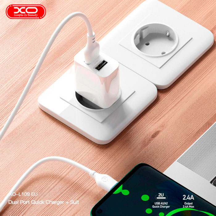 Зарядний пристрій XO L109 2xUSB-A, 2.4A, 12W White w/Micro-USB cable (XO-L109-M)