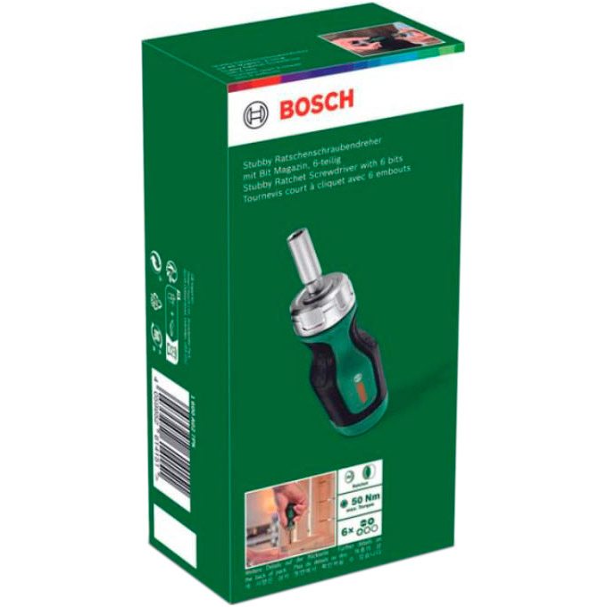 Отвёртка реверсивная с насадками BOSCH Stubby Ratchet Screwdriver with 6 Bits (1.600.A03.2UZ)