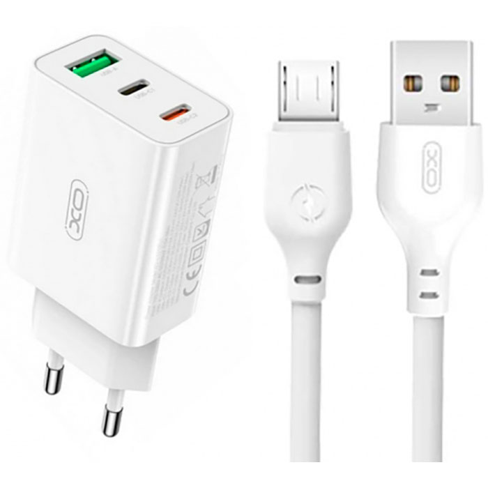 Зарядний пристрій XO L101 2xUSB-C, 1xUSB-A, PD, QC3.0, 20W White w/Micro-USB cable (XO-L101-WH)