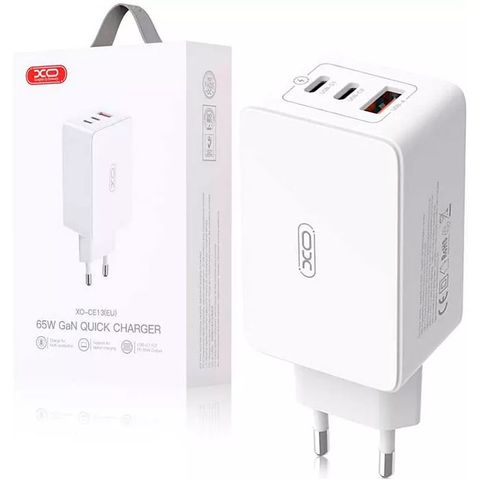 Зарядний пристрій XO CE13 1xUSB-A, 2xUSB-C, QC3.0, PD65W White (XO-CE13-WH)