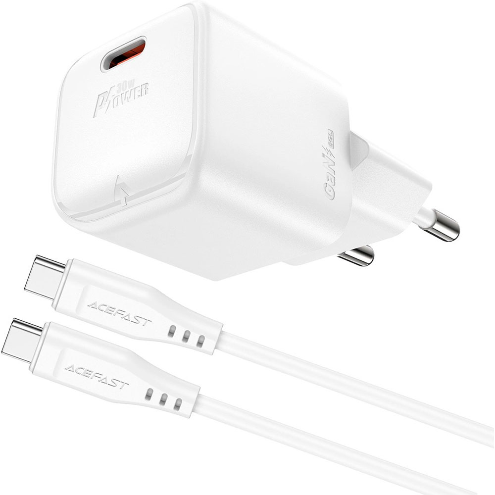 Зарядное устройство ACEFAST A77 Mini Fast Charge Wall Charger GaN PD30W (1xUSB-C) White w/Type-C cable