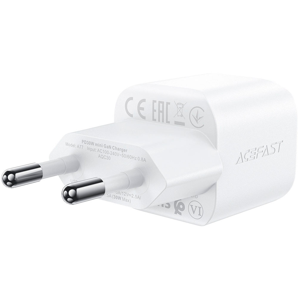 Зарядное устройство ACEFAST A77 Mini Fast Charge Wall Charger GaN PD30W (1xUSB-C) White w/Type-C cable