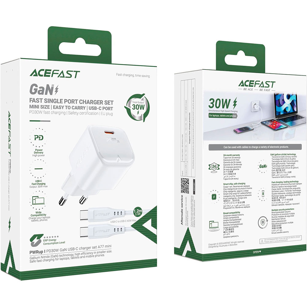Зарядное устройство ACEFAST A77 Mini Fast Charge Wall Charger GaN PD30W (1xUSB-C) White w/Type-C cable