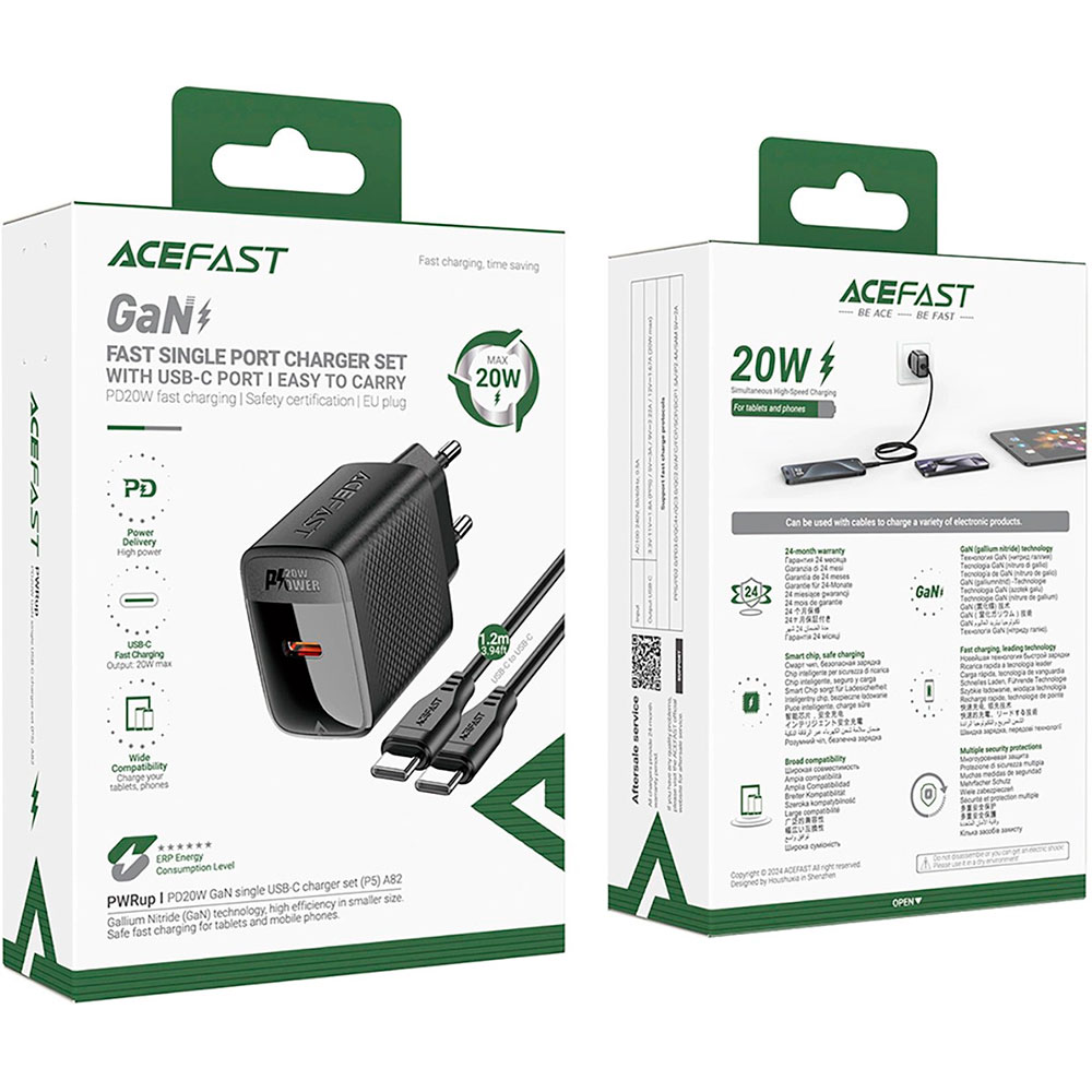 Зарядний пристрій ACEFAST A82 Fast Charge Wall Charger GaN PD20W (1xUSB-C) Black w/Type-C cable