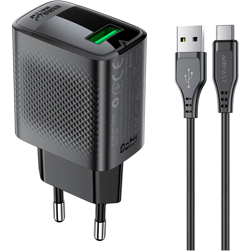 Зарядний пристрій ACEFAST A90 Fast Charge Wall Charger QC18W (1xUSB-A) Black w/Type-C cable