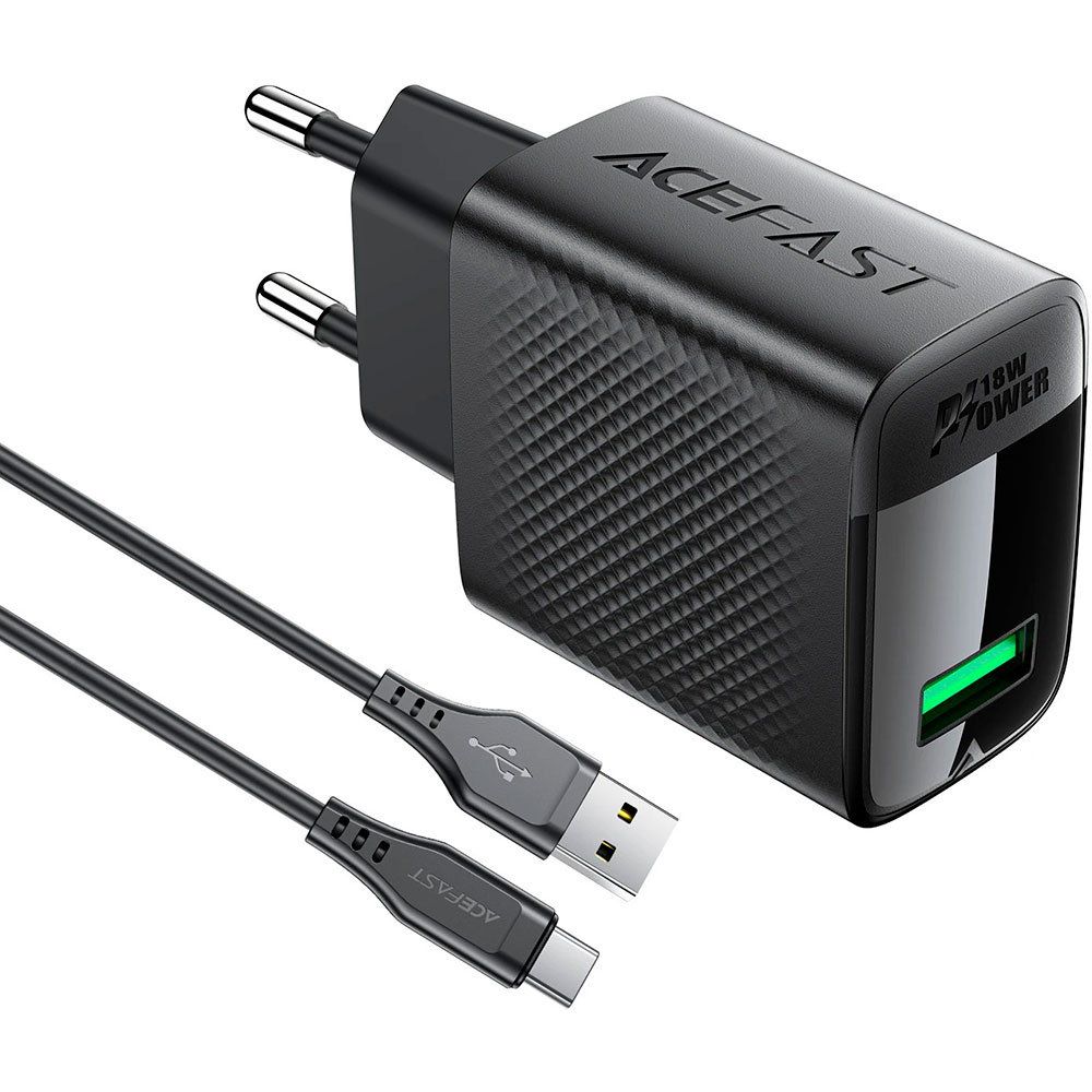 Зарядний пристрій ACEFAST A90 Fast Charge Wall Charger QC18W (1xUSB-A) Black w/Type-C cable