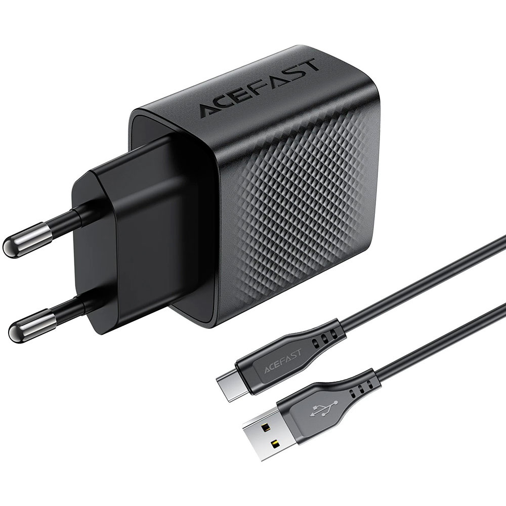 Зарядний пристрій ACEFAST A90 Fast Charge Wall Charger QC18W (1xUSB-A) Black w/Type-C cable