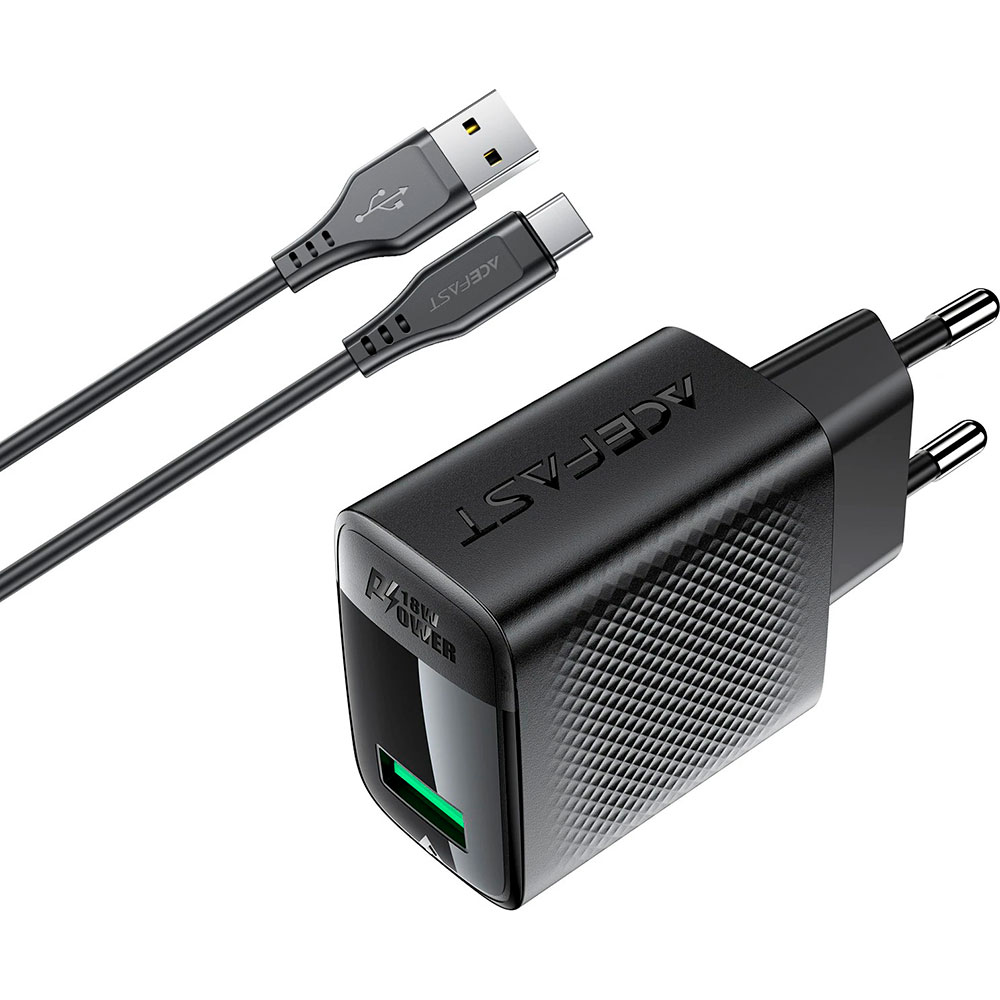 Зарядний пристрій ACEFAST A90 Fast Charge Wall Charger QC18W (1xUSB-A) Black w/Type-C cable