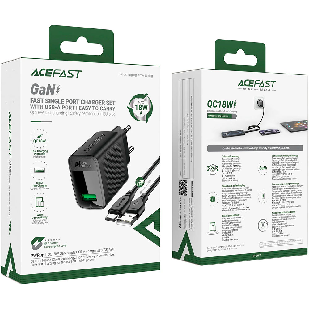 Зарядний пристрій ACEFAST A90 Fast Charge Wall Charger QC18W (1xUSB-A) Black w/Type-C cable