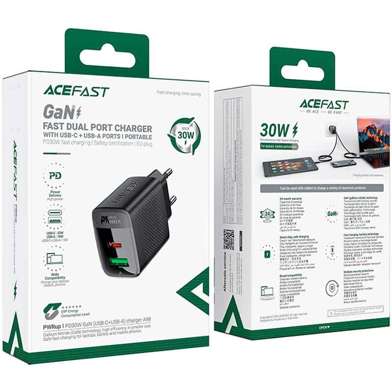 Зарядний пристрій ACEFAST A98 Fast Charge Wall Charger GaN PD30W (1xUSB-C, 1xUSB-A) Black