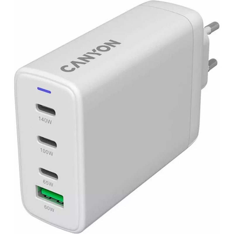 Зарядний пристрій CANYON CU140ACC GaN 1xUSB-A, 3xUSB-C, 140W White (CNS-CUW140ACC)