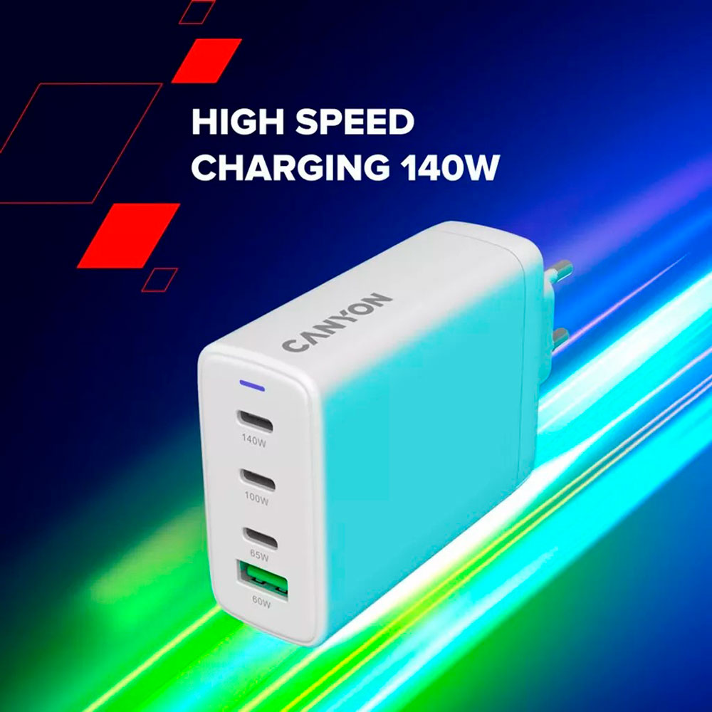 Зарядний пристрій CANYON CU140ACC GaN 1xUSB-A, 3xUSB-C, 140W White (CNS-CUW140ACC)