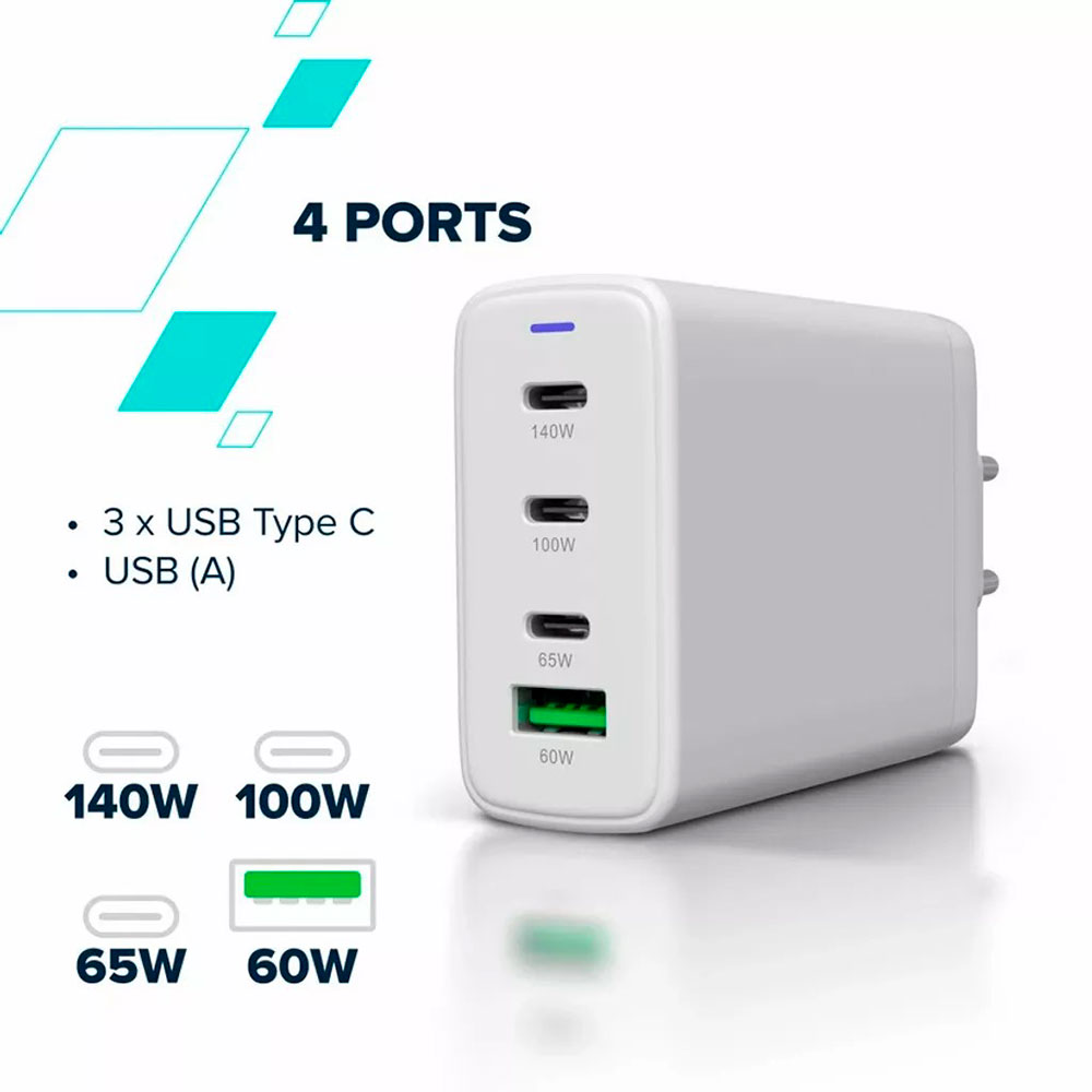 Зарядний пристрій CANYON CU140ACC GaN 1xUSB-A, 3xUSB-C, 140W White (CNS-CUW140ACC)
