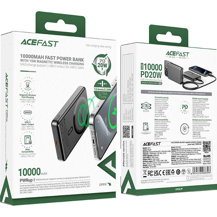 Повербанк MagSafe ACEFAST M12 Magnetic Fast Wireless Charge Power Bank PD 20W 10000mAh Black