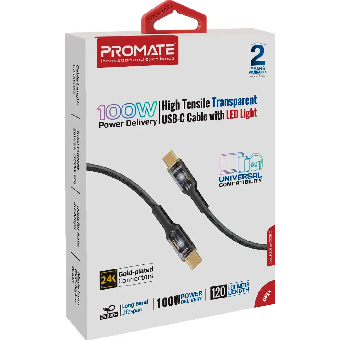 Кабель PROMATE LucidLine-CC120 USB-C to USB-C PD 100W 1.2м Black