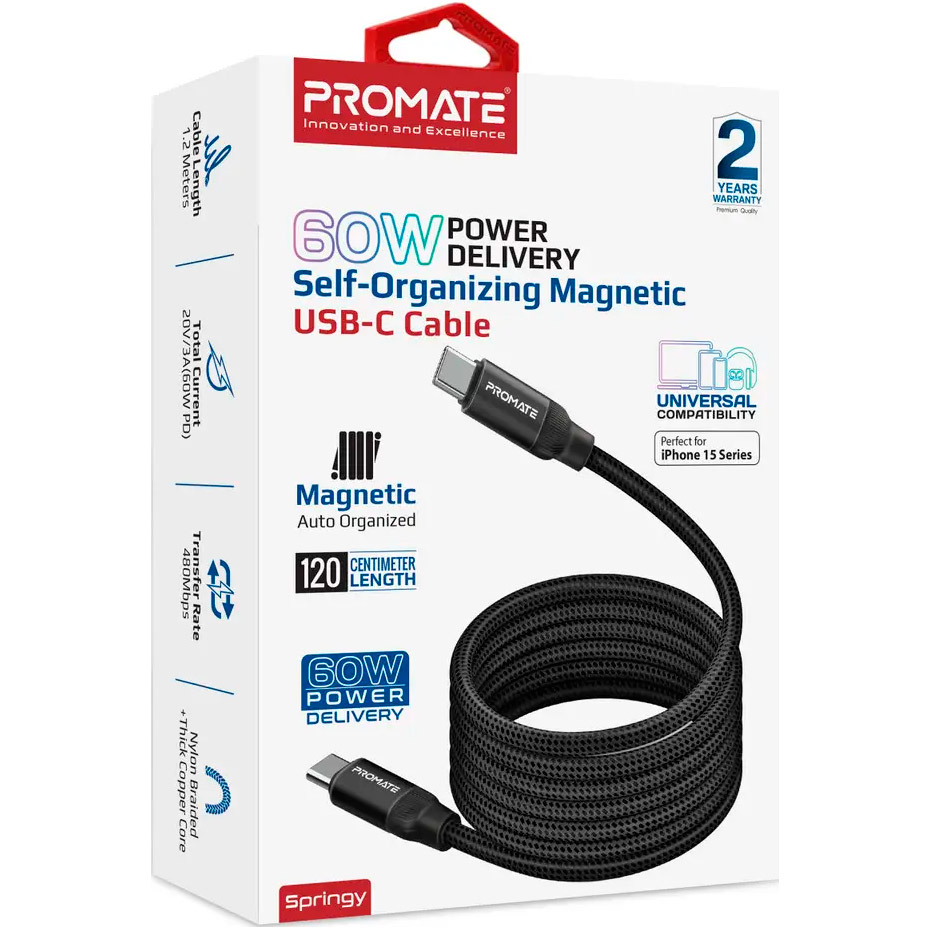 Кабель PROMATE Springy USB-C to USB-C PD 60W 1.2м Black