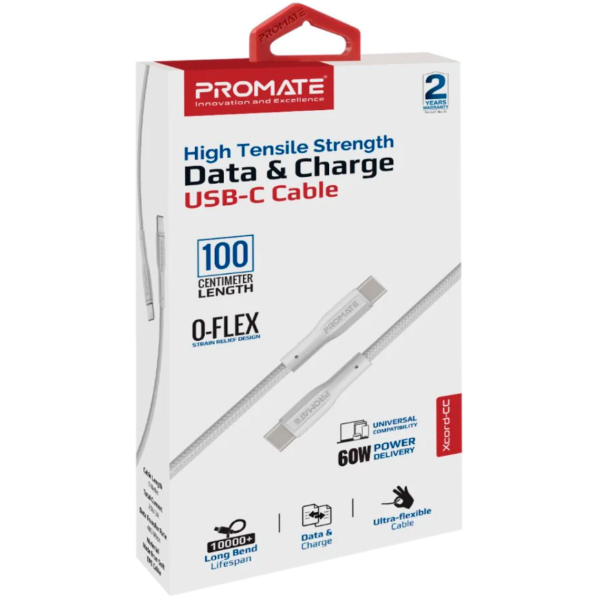 Кабель PROMATE XCord-CC USB-C to USB-C PD 60W 1м White