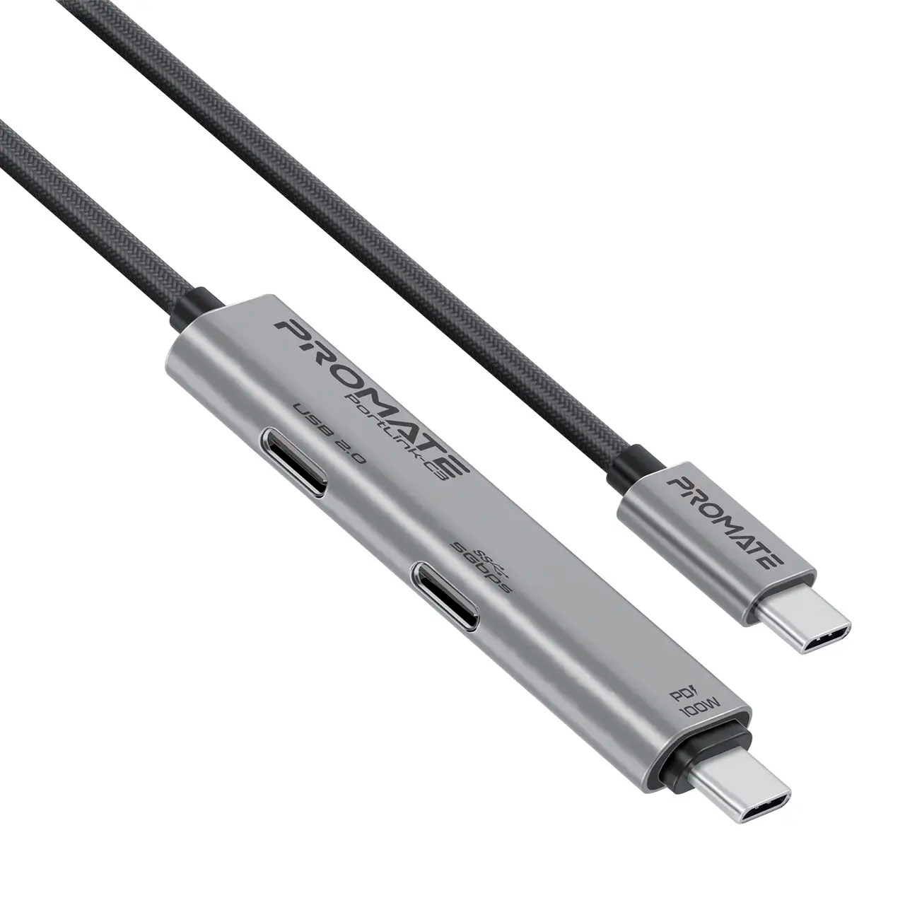 Кабель с USB-хабом PROMATE PortLink-C3 3-in-1 USB-C to USB-C with Integrated Dual USB-C Port Hub PD 100W 1.5м Black