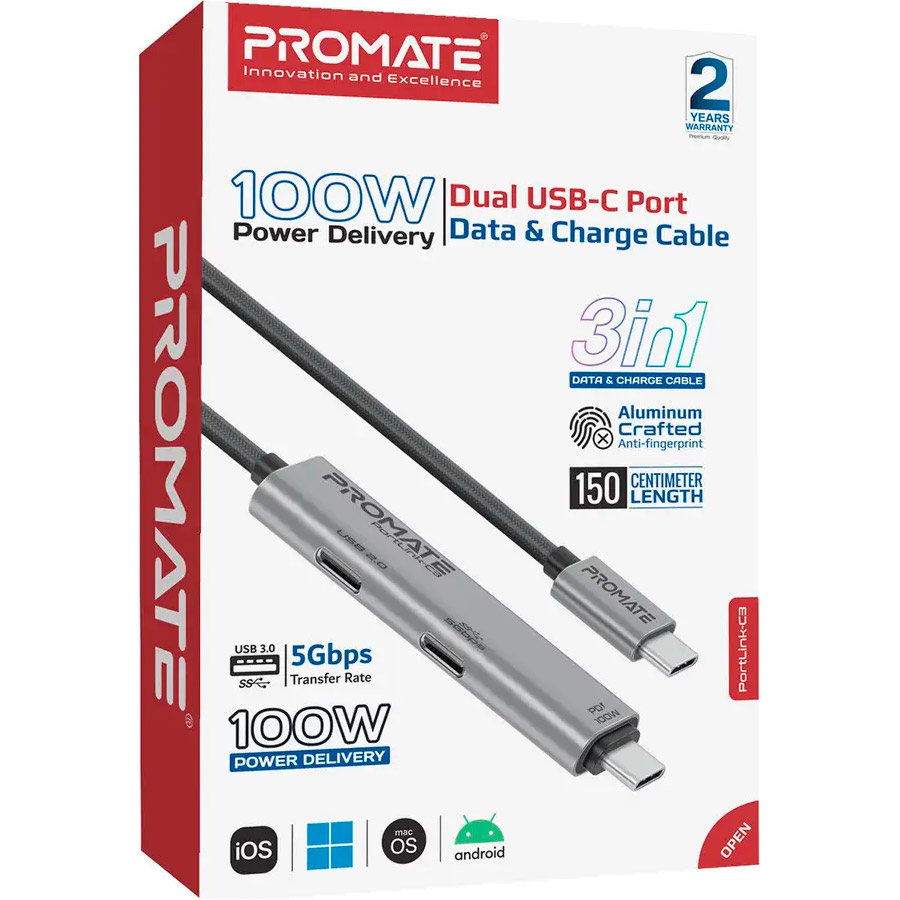 Кабель с USB-хабом PROMATE PortLink-C3 3-in-1 USB-C to USB-C with Integrated Dual USB-C Port Hub PD 100W 1.5м Black