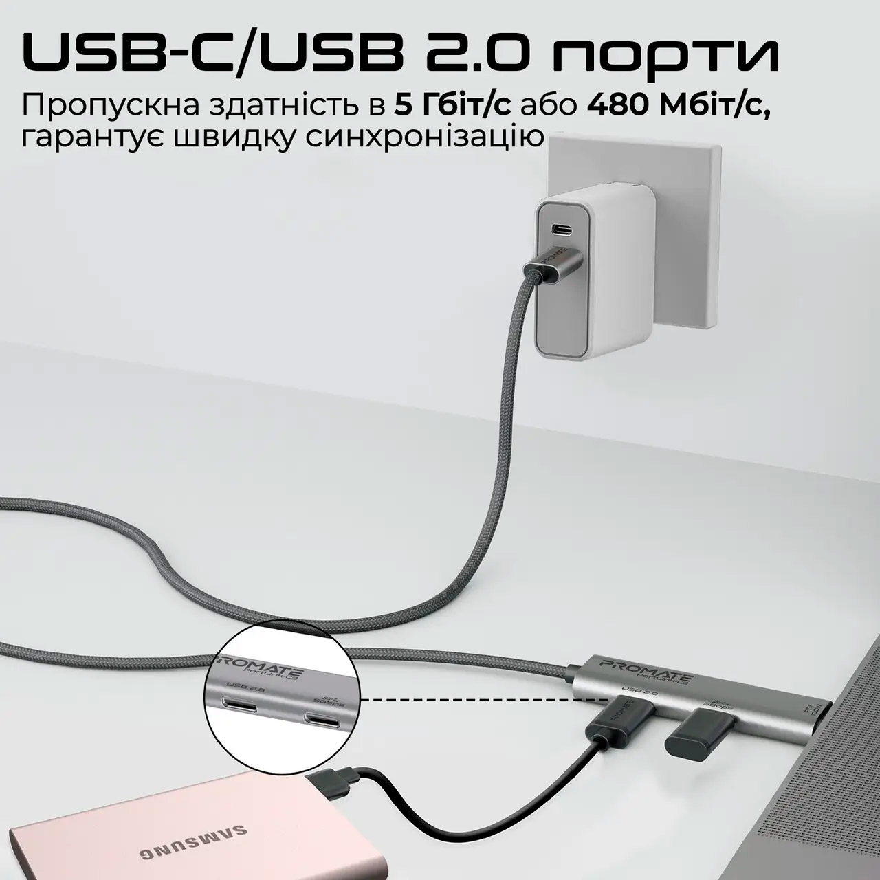 Кабель с USB-хабом PROMATE PortLink-C3 3-in-1 USB-C to USB-C with Integrated Dual USB-C Port Hub PD 100W 1.5м Black