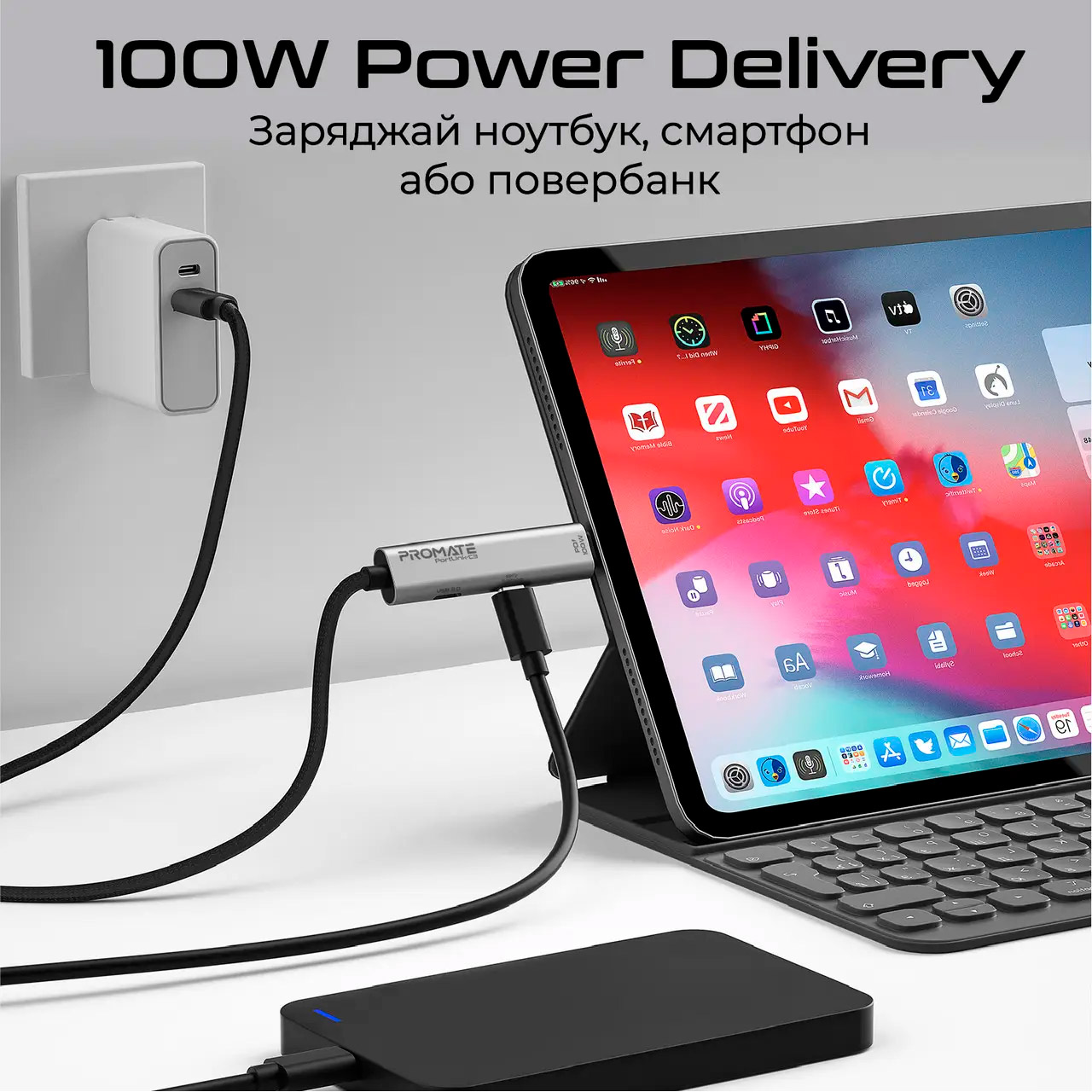 Кабель с USB-хабом PROMATE PortLink-C3 3-in-1 USB-C to USB-C with Integrated Dual USB-C Port Hub PD 100W 1.5м Black