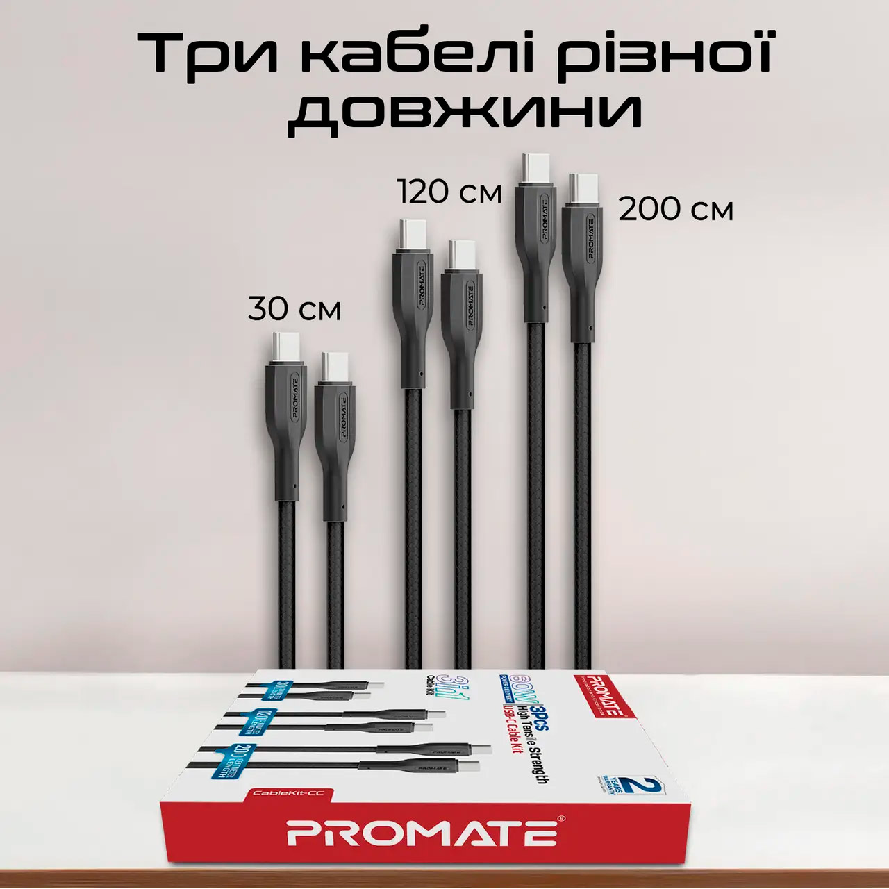 Комплект з 3 кабелів PROMATE CableKit-CC USB-C to USB-C PD 60W Black