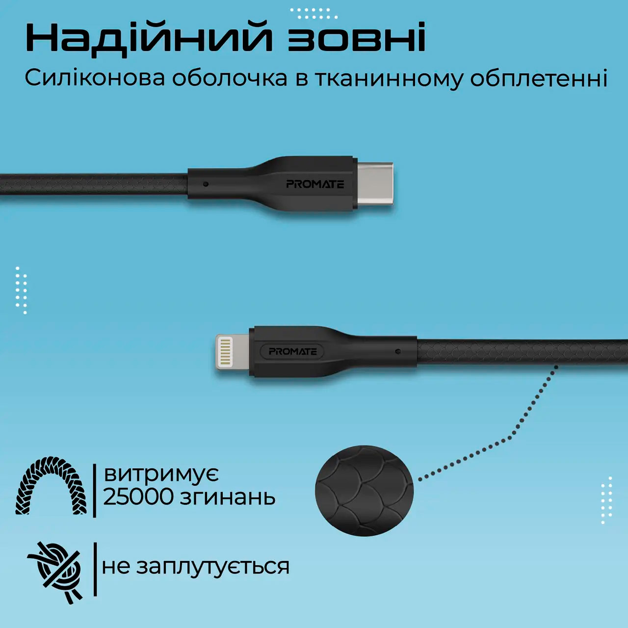 Комплект з 3 кабелів PROMATE CableKit-Ci USB-C to Lightning PD 27W Black