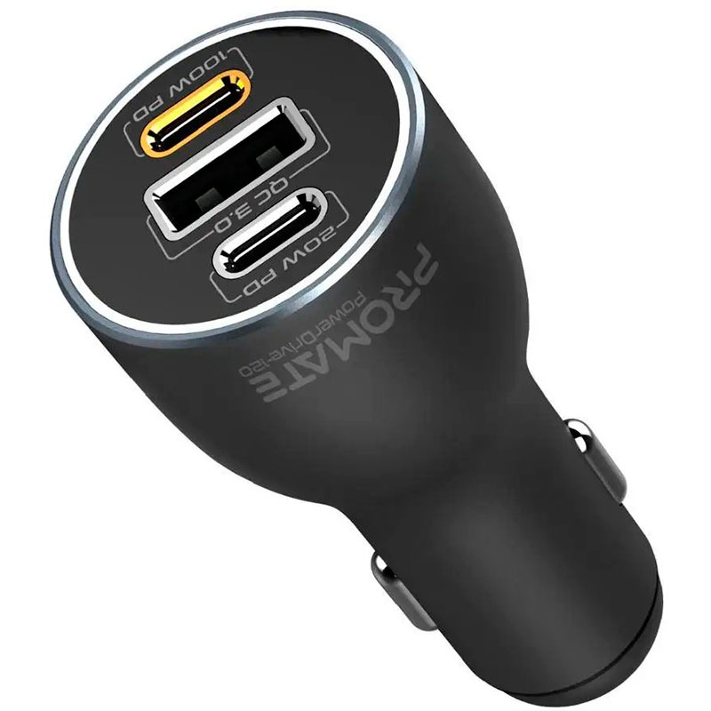 Автомобільний зарядний пристрій PROMATE PowerDrive-120 1xUSB-A, 2xUSB-C, QC3.0, 120W RapidCharge Car Charger Black