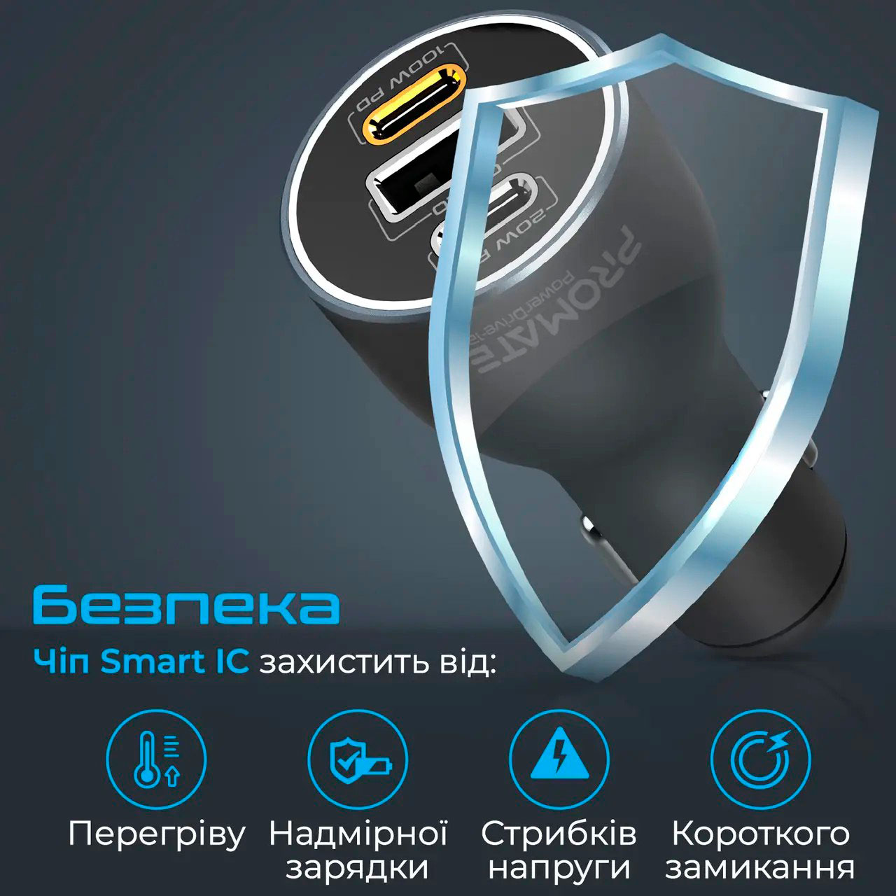 Автомобільний зарядний пристрій PROMATE PowerDrive-120 1xUSB-A, 2xUSB-C, QC3.0, 120W RapidCharge Car Charger Black