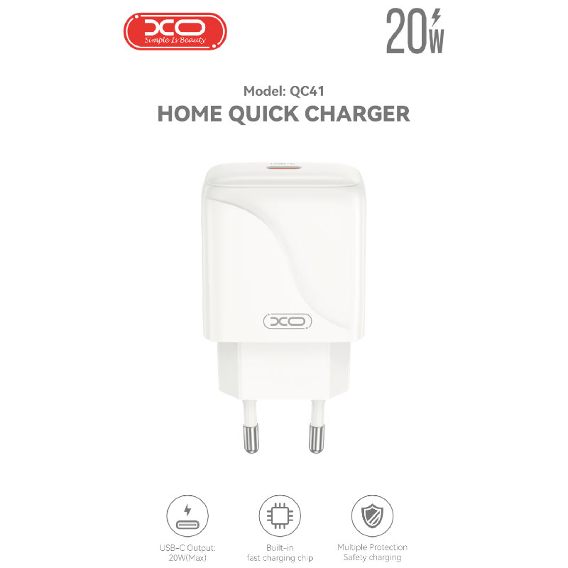 Зарядний пристрій XO QC41 1xUSB-C, PD, 20W White (XO-QC41)