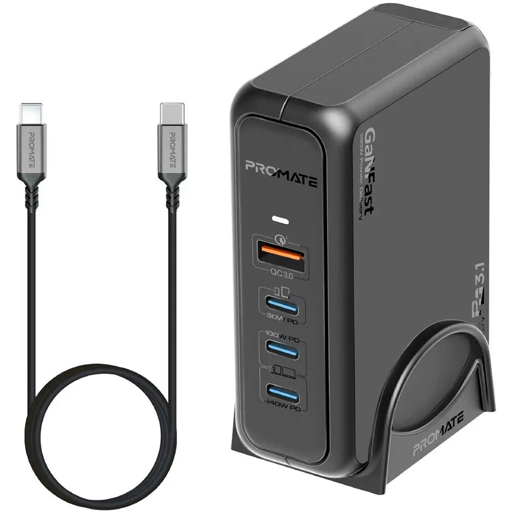 Зарядний пристрій PROMATE GaNPort-140W 1xUSB-A, 3xUSB-C, QC3.0, PD3.1, 140W GaNFast Black w/Type-C cable