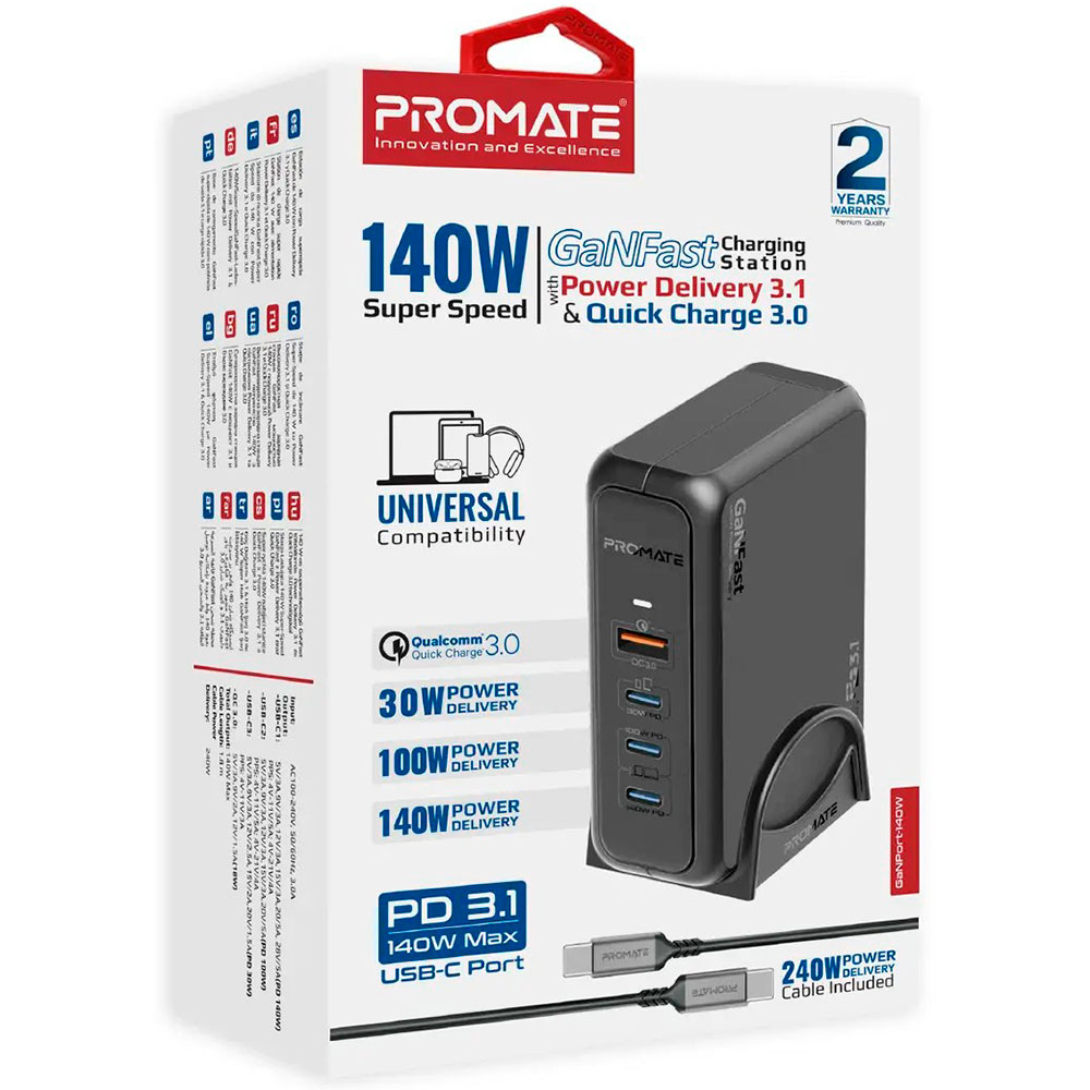 Зарядний пристрій PROMATE GaNPort-140W 1xUSB-A, 3xUSB-C, QC3.0, PD3.1, 140W GaNFast Black w/Type-C cable