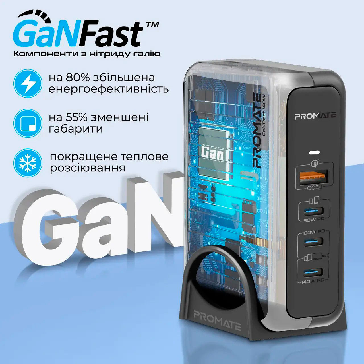 Зарядний пристрій PROMATE GaNPort-140W 1xUSB-A, 3xUSB-C, QC3.0, PD3.1, 140W GaNFast Black w/Type-C cable