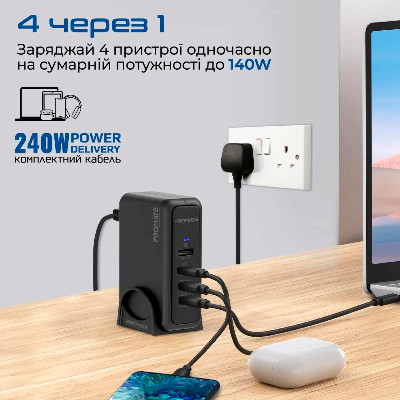 Зарядний пристрій PROMATE GaNPort-140W 1xUSB-A, 3xUSB-C, QC3.0, PD3.1, 140W GaNFast Black w/Type-C cable