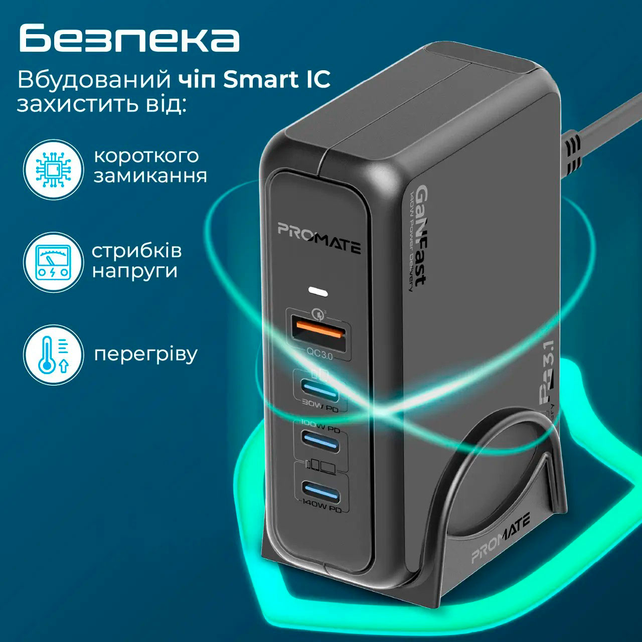 Зарядний пристрій PROMATE GaNPort-140W 1xUSB-A, 3xUSB-C, QC3.0, PD3.1, 140W GaNFast Black w/Type-C cable