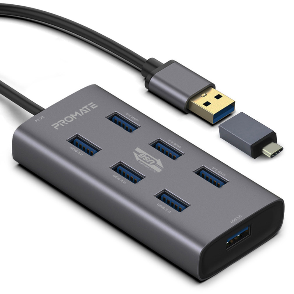 USB-хаб PROMATE EzHub-7 Aluminium Alloy Powered Hub Gray