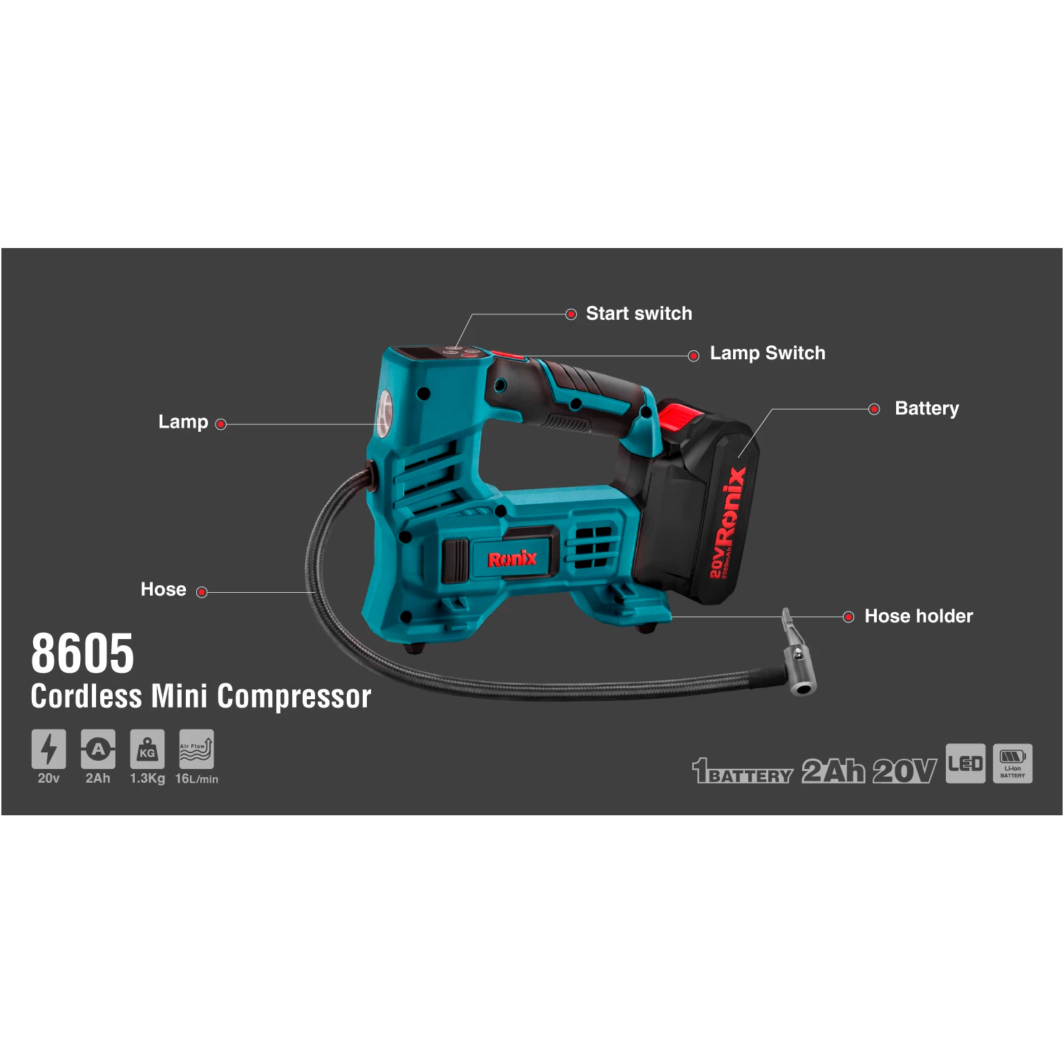 Аккумуляторный автокомпрессор RONIX 8605